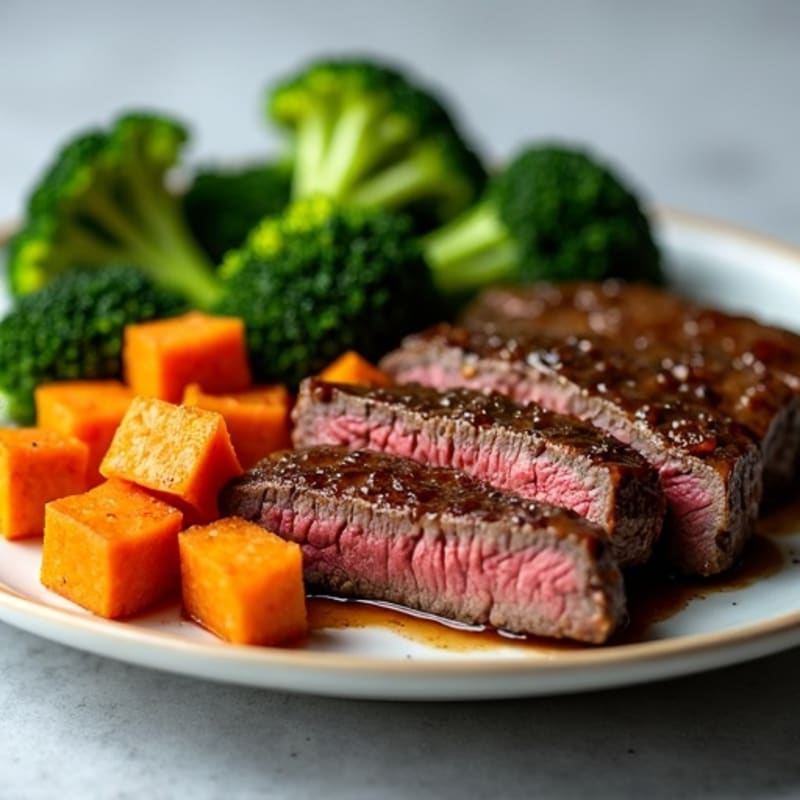 Seared Lean Beef with Roasted Sweet Potatoes and Steamed Broccoli
