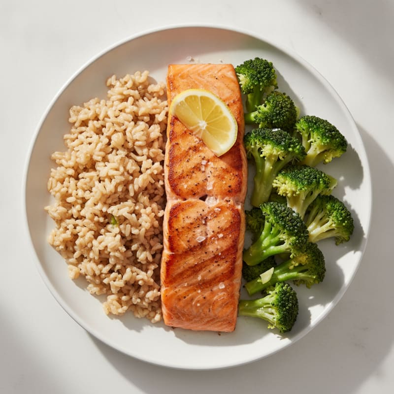 Seared Salmon with Steamed Broccoli and Brown Rice