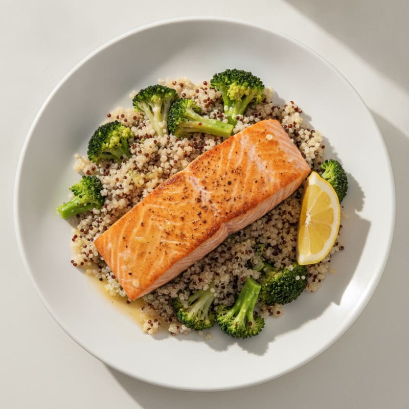 Seared Salmon with Steamed Broccoli and Quinoa