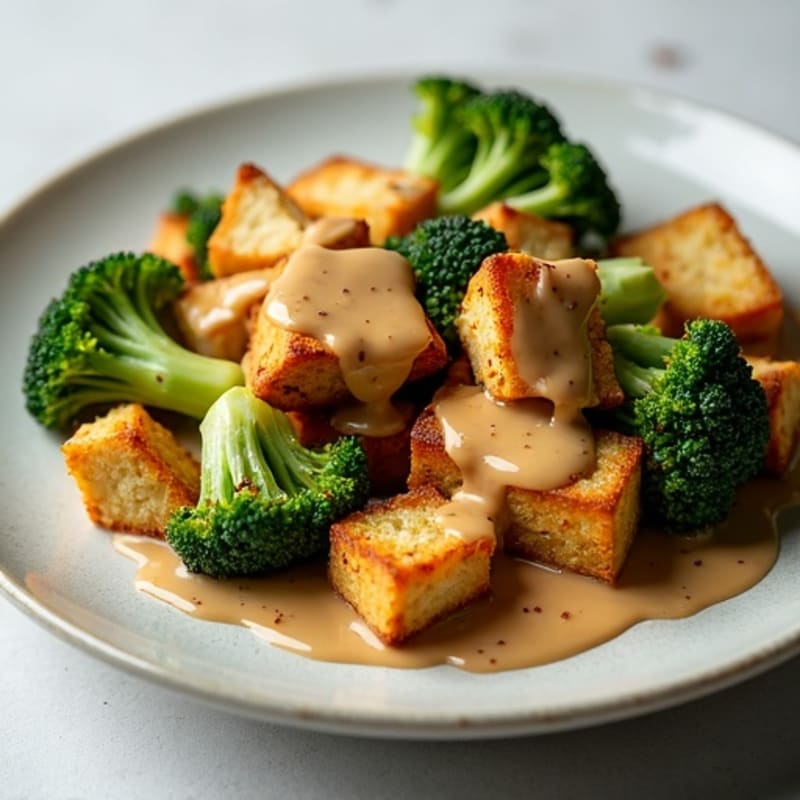 Crispy Tofu with Roasted Broccoli and Creamy Peanut Sauce