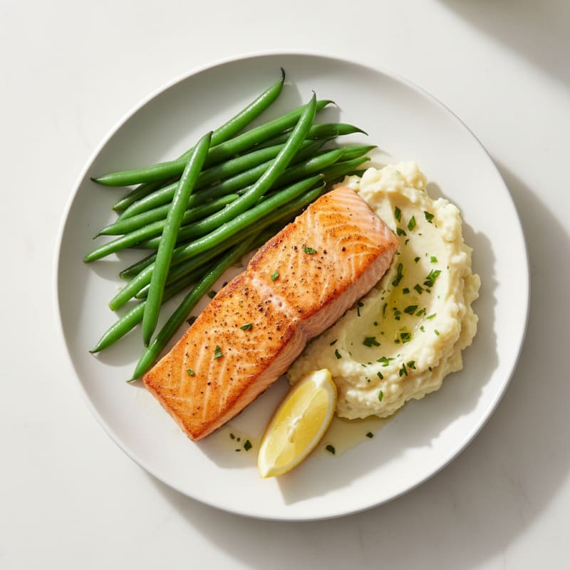 Seared Salmon with Steamed Green Beans and Garlic Mashed Cauliflower