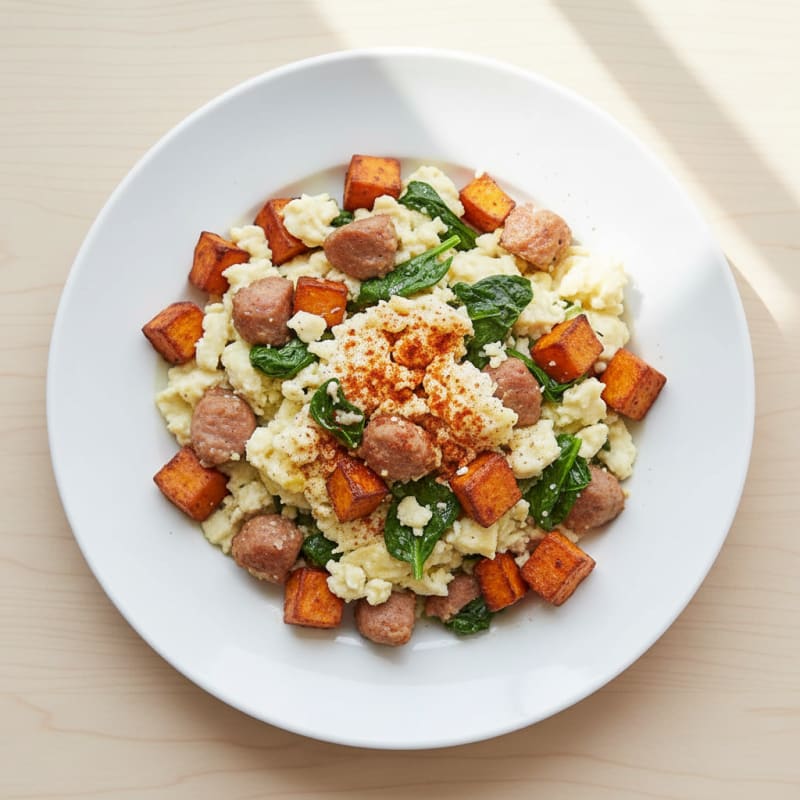 Egg White and Turkey Sausage Scramble with Roasted Sweet Potato