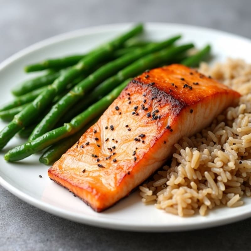 Seared Salmon with Garlic Green Beans and Brown Rice