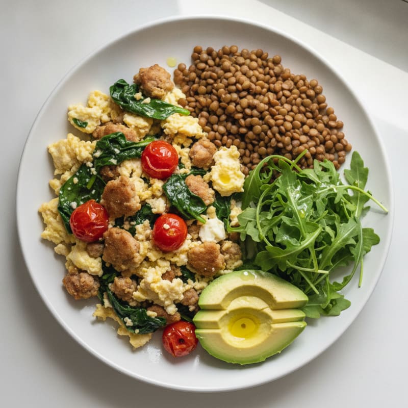 Egg White and Turkey Sausage Scramble with Spinach and Cherry Tomatoes