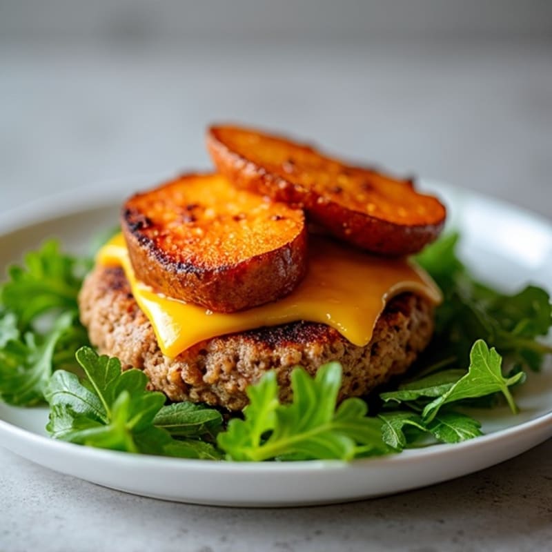 Lean Turkey Burger with Crispy Roasted Sweet Potatoes and Fresh Arugula