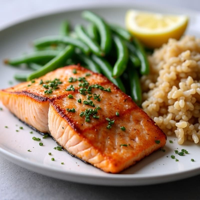 Seared Salmon Fillet with Garlic Green Beans and Brown Rice