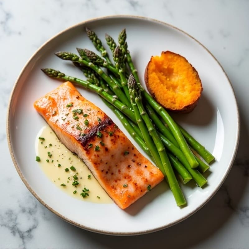 Seared Salmon with Roasted Asparagus and Sweet Potato