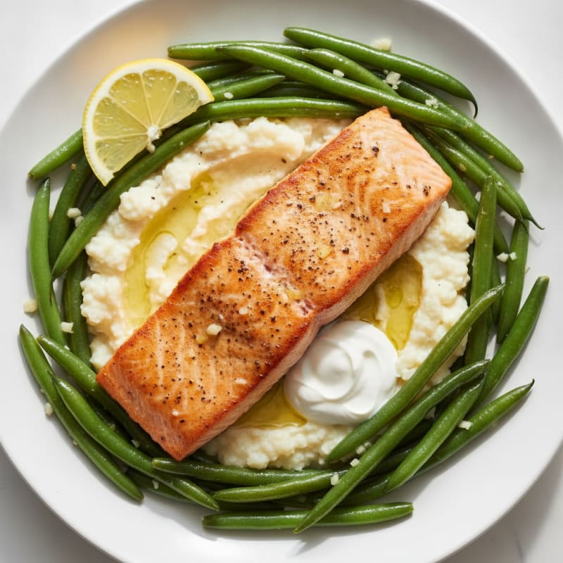 Seared Salmon with Garlic Green Beans and Cauliflower Mash