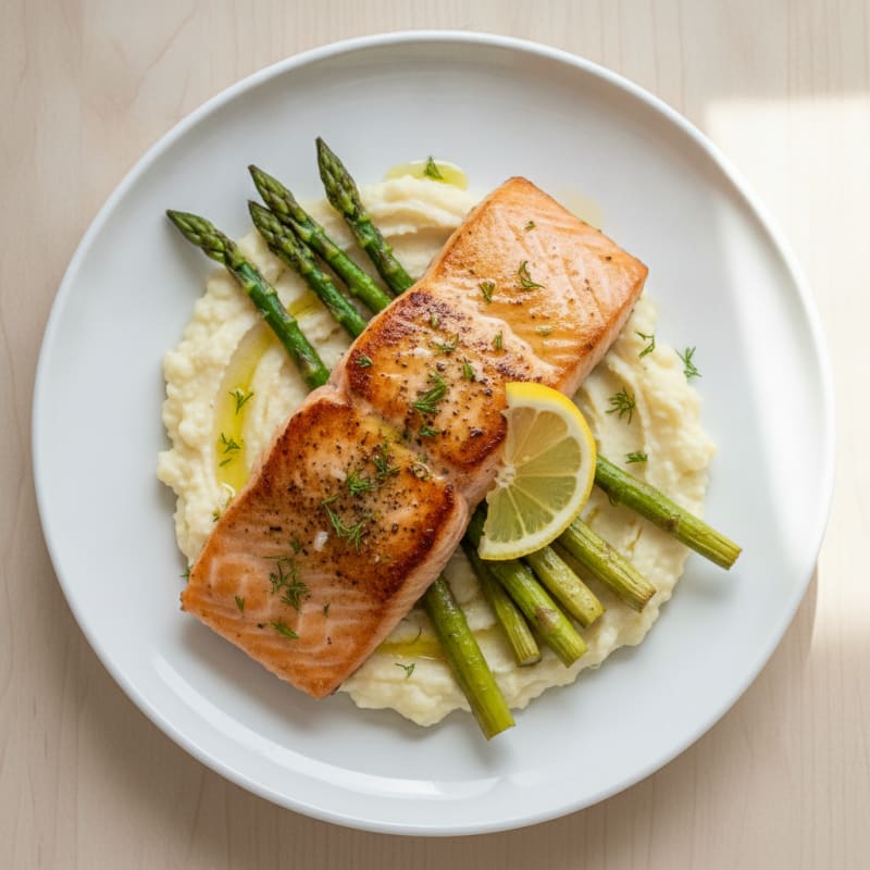 Seared Salmon Fillet with Roasted Asparagus and Cauliflower Mash