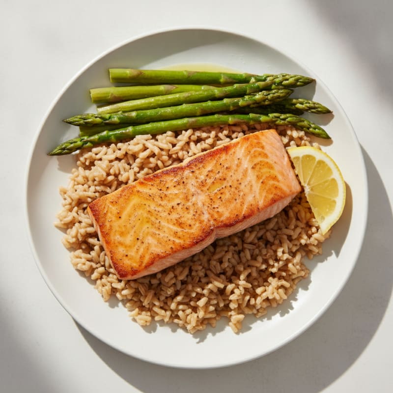 Seared Salmon with Steamed Asparagus and Brown Rice