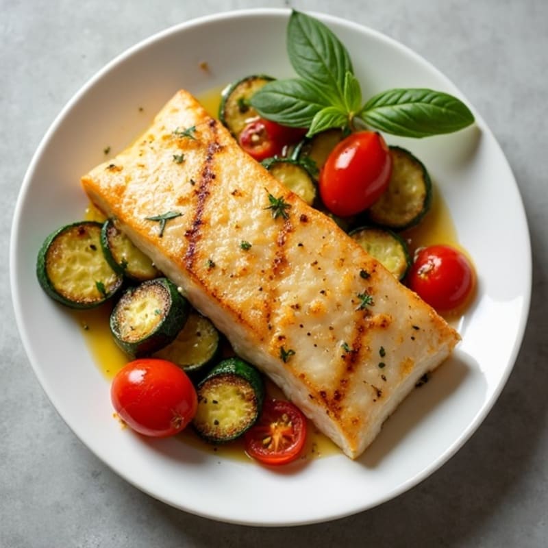 Seared Cod Fillet with Roasted Zucchini and Tomato