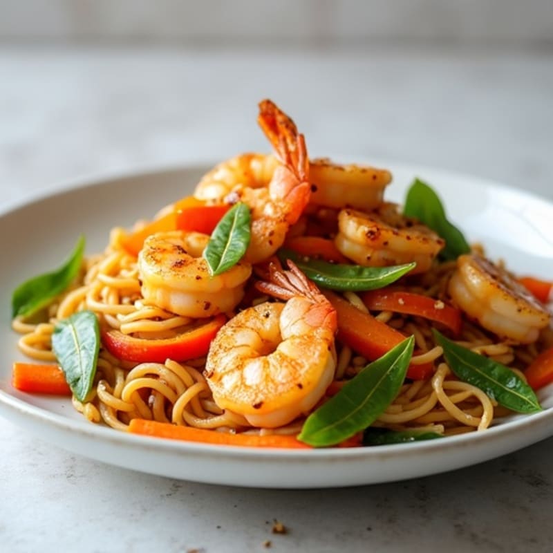 Pan-Seared Shrimp with Tangy Peanut Rice Noodles and Crispy Vegetables