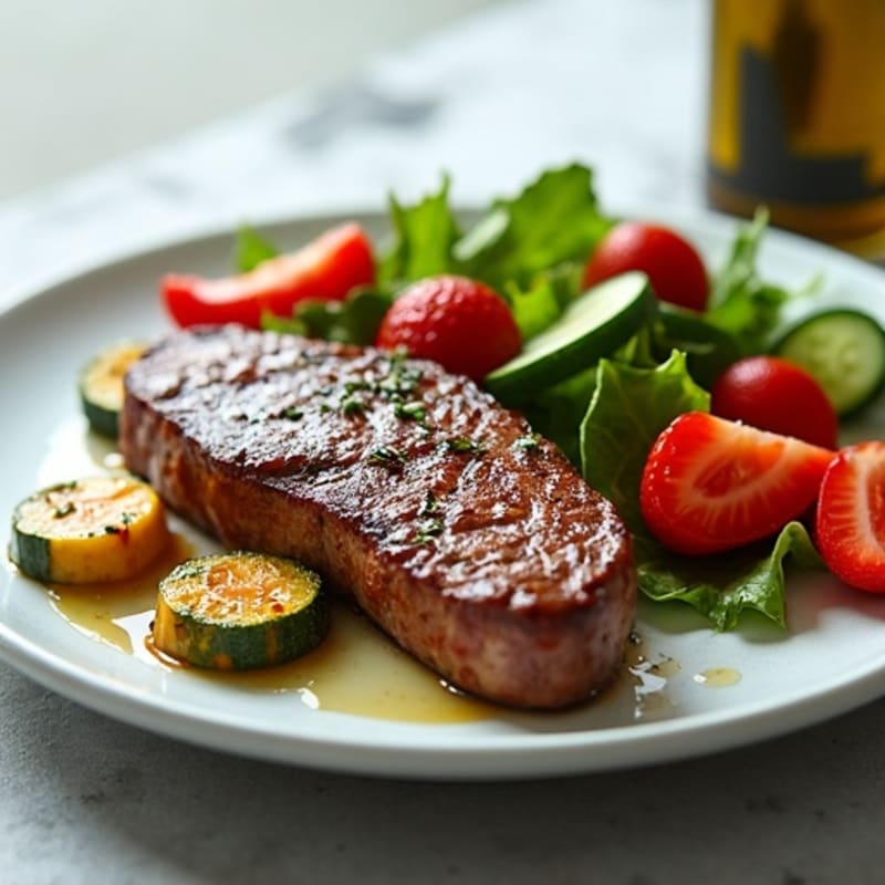 Seared Steak with Roasted Vegetables and Berry Salad