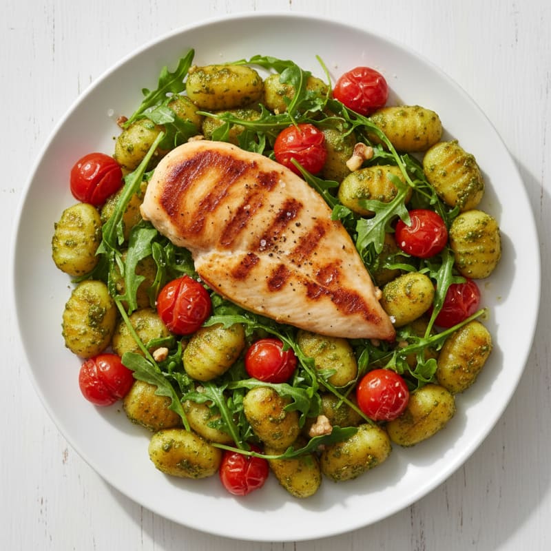 Gnocchi with Arugula Pesto and Cherry Tomatoes