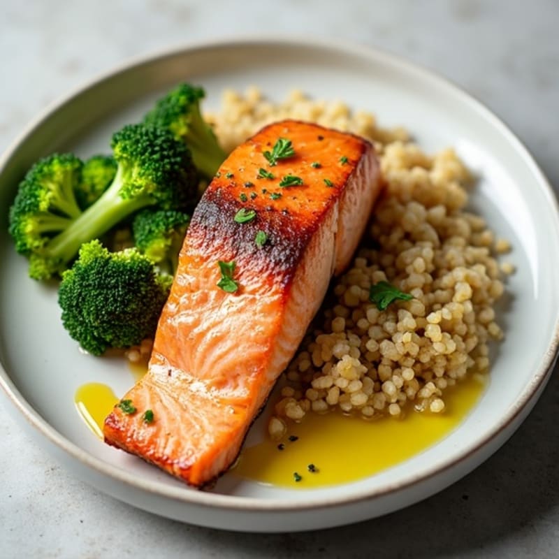 Seared Salmon with Steamed Broccoli and Quinoa