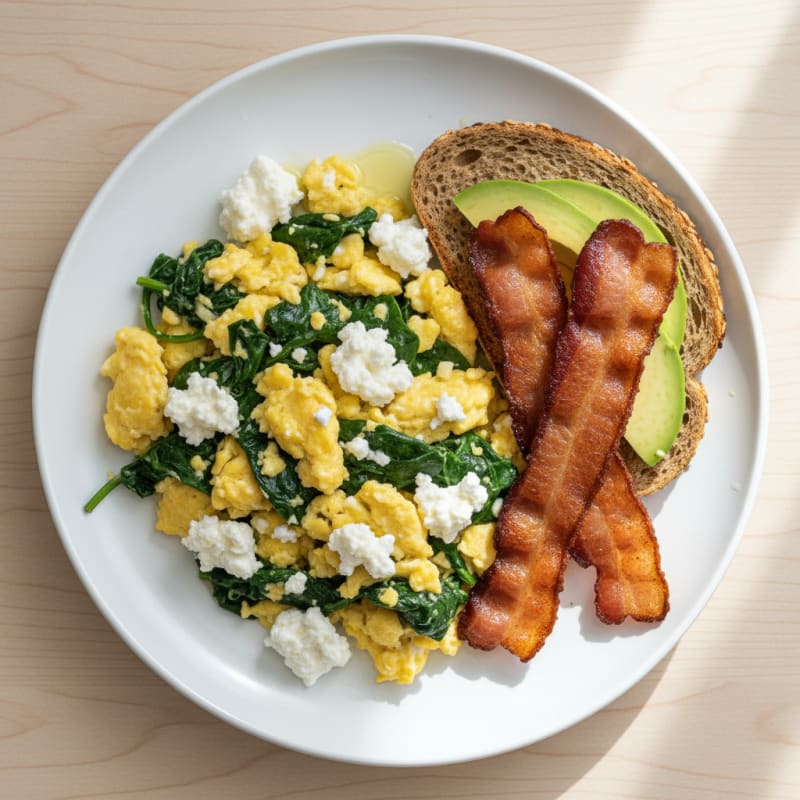 Cottage Cheese Scramble with Spinach and Turkey Bacon