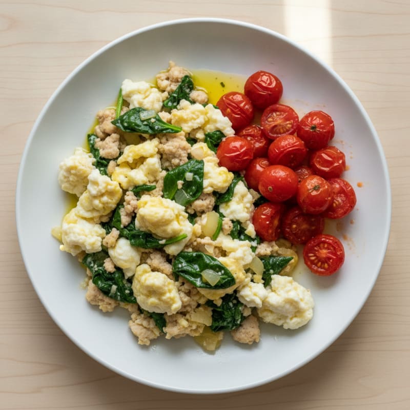 Egg White Spinach Scramble with Lean Turkey and Roasted Tomatoes
