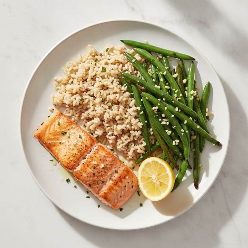 Seared Salmon Fillet with Garlic Green Beans and Brown Rice