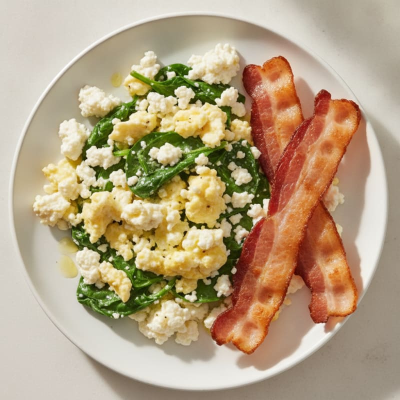 Cottage Cheese Scramble with Spinach and Turkey Bacon