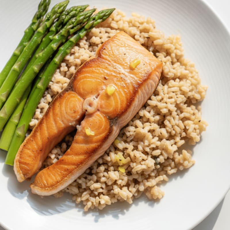 Seared Salmon with Steamed Asparagus and Brown Rice