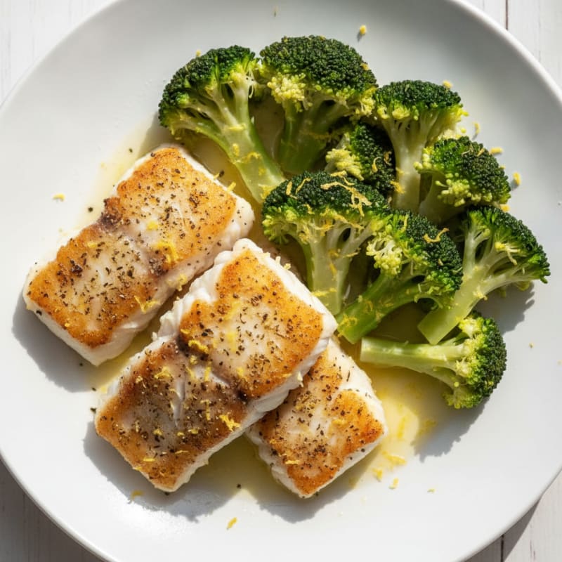 Seared Cod with Steamed Broccoli and Lemon Zest