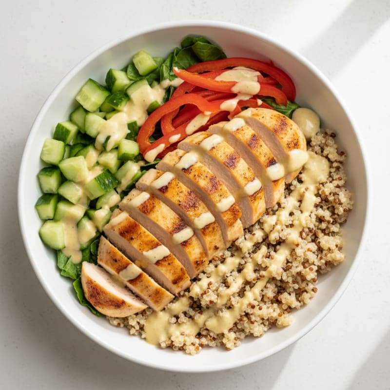 Grilled Chicken and Quinoa Bowl with Crunchy Vegetables and Lemon Tahini Drizzle