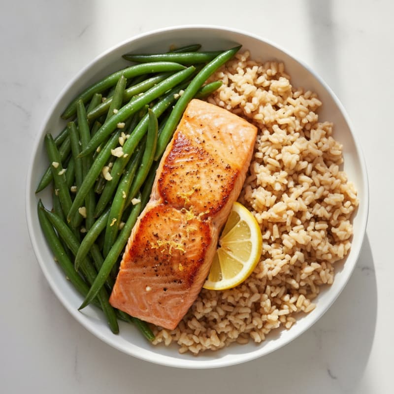 Seared Salmon with Garlic Green Beans and Brown Rice
