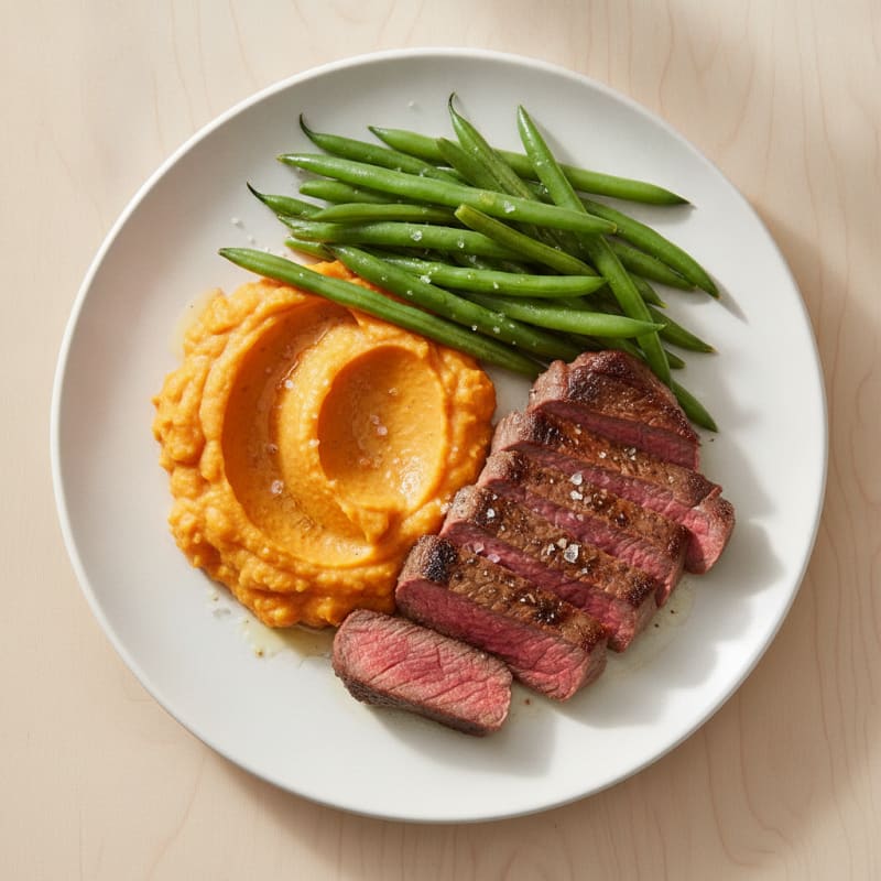 Seared Lean Beef with Steamed Green Beans and Sweet Potato Mash
