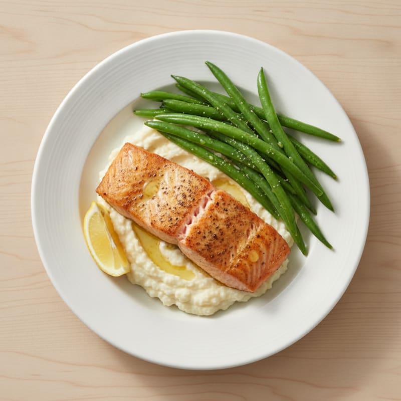 Seared Salmon with Steamed Green Beans and Cauliflower Mash