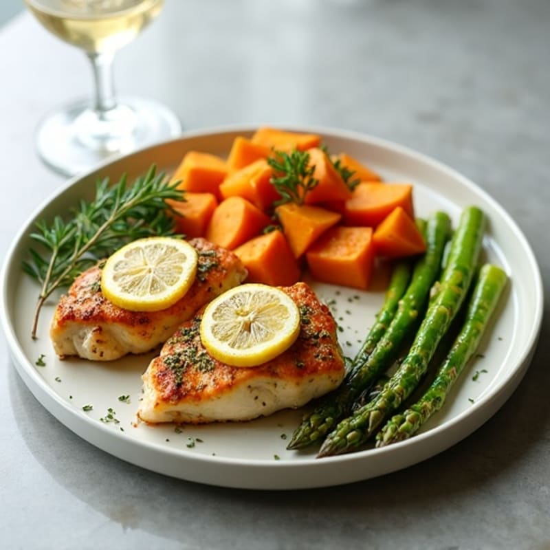 Crispy Lemon-Herb Pan-Seared Chicken with Roasted Asparagus and Sweet Potato