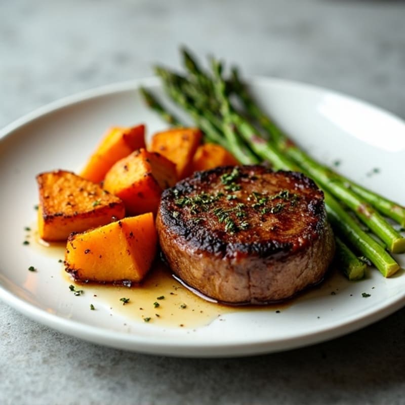 Pan-Seared Ribeye Steak with Roasted Asparagus and Garlic Sweet Potatoes
