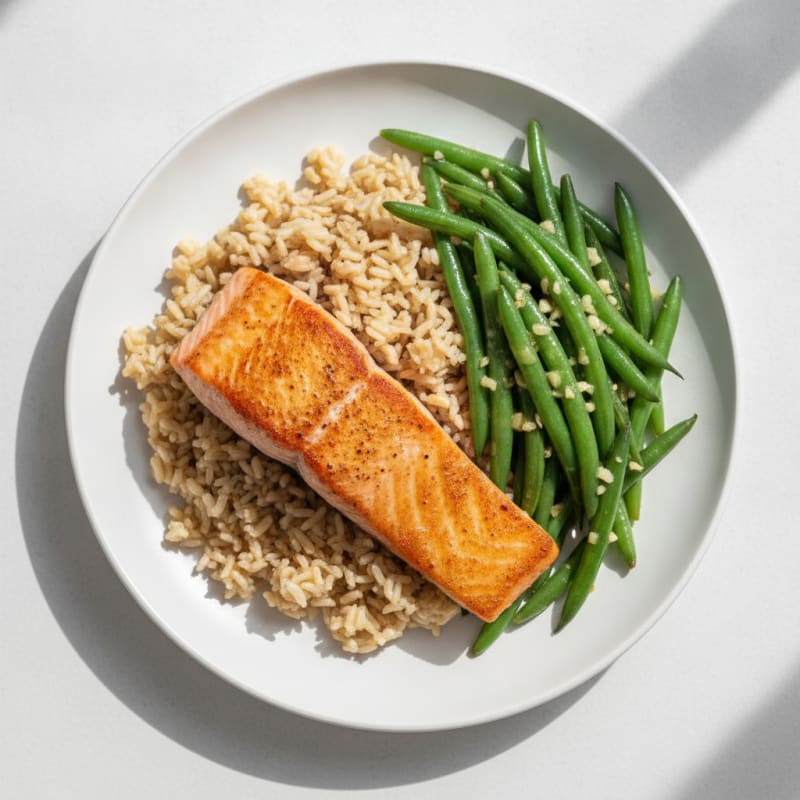 Seared Salmon with Brown Rice and Garlic Green Beans