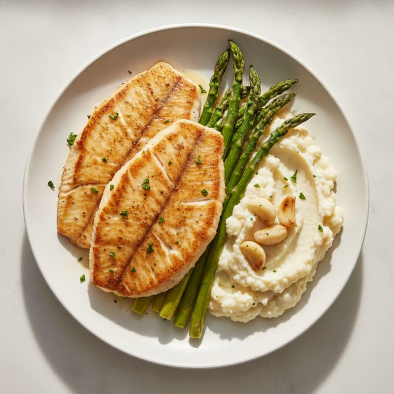 Seared Tilapia with Roasted Asparagus and Cauliflower Mash