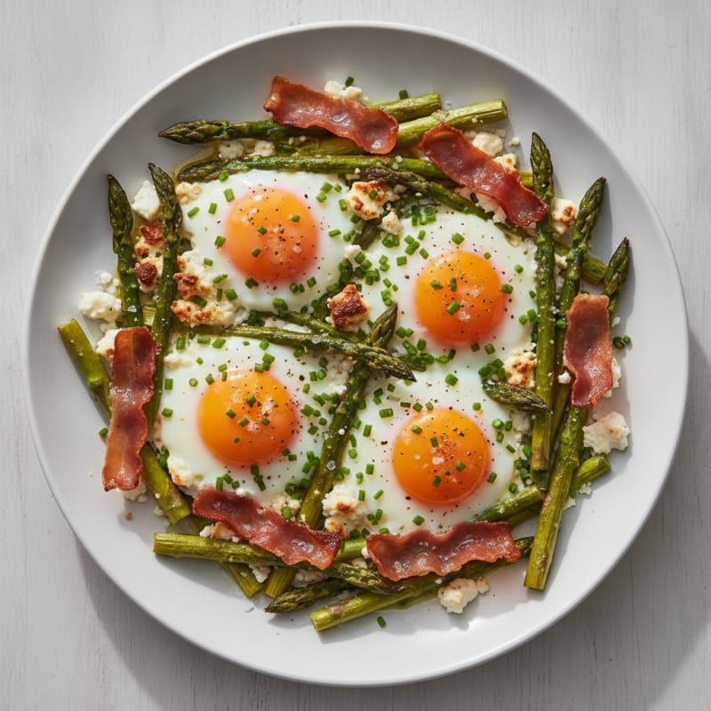 Baked Eggs with Roasted Asparagus and Crispy Prosciutto