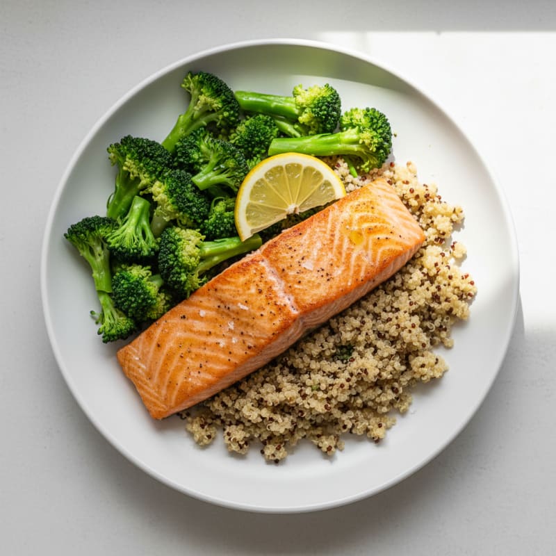 Seared Salmon Fillet with Steamed Broccoli and Quinoa