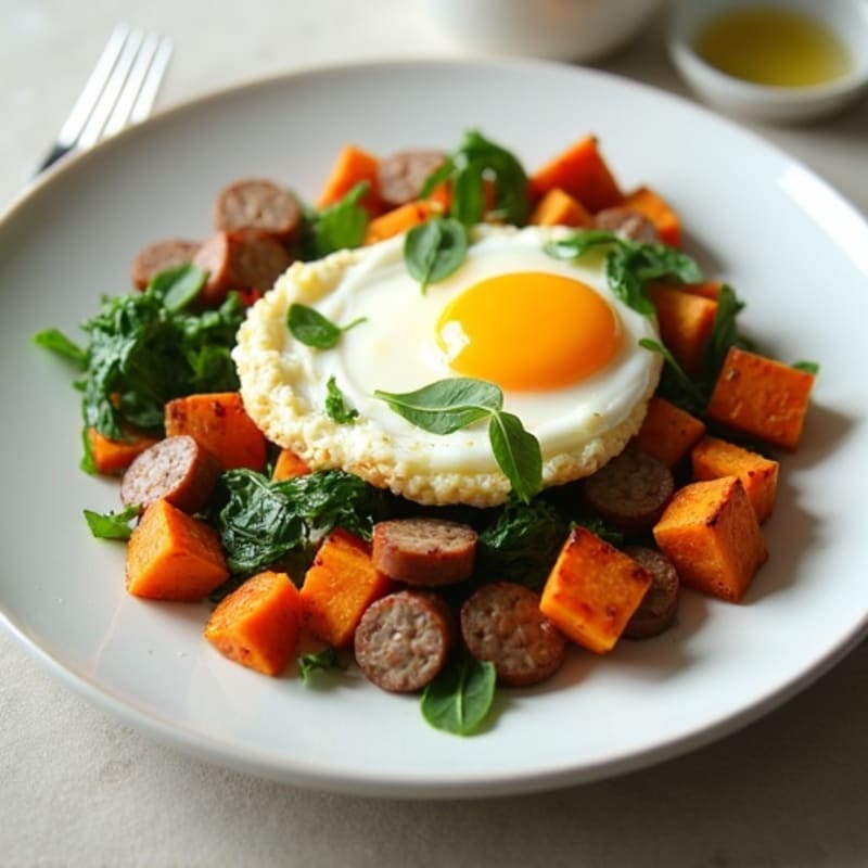 Egg White and Turkey Sausage Scramble with Spinach and Roasted Sweet Potato