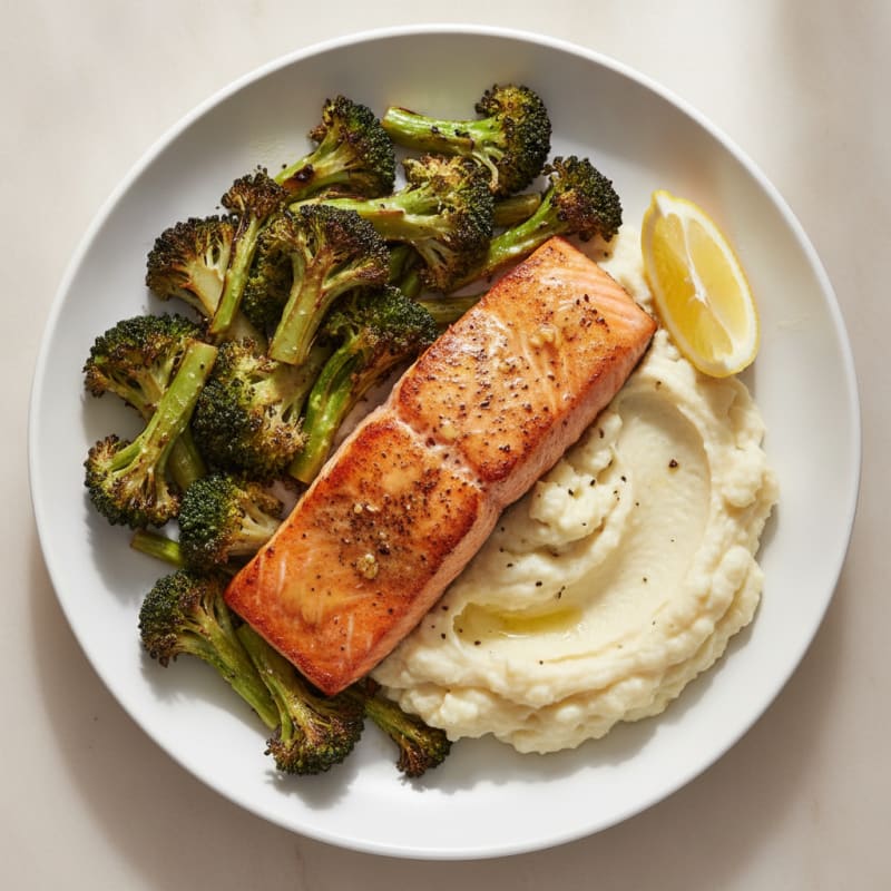 Seared Salmon Fillet with Roasted Broccoli and Garlic Mashed Cauliflower