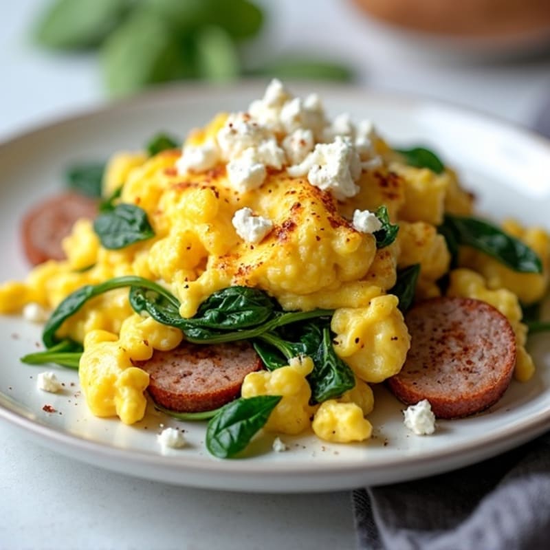 Fluffy Egg Scramble with Fresh Spinach and Crumbled Feta