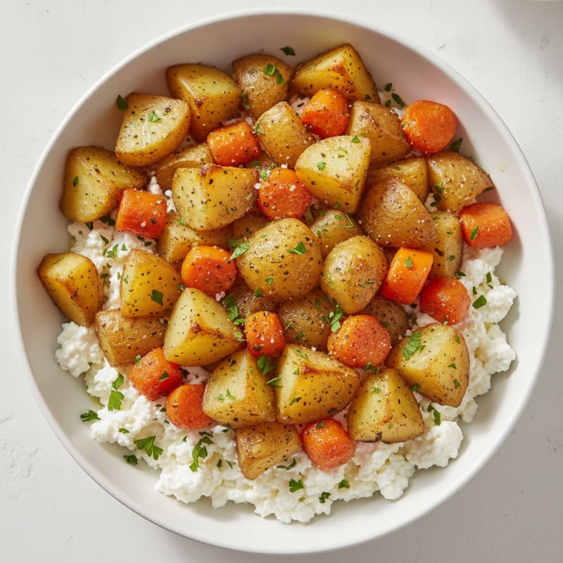 Roasted Potatoes and Carrots with Cottage Cheese