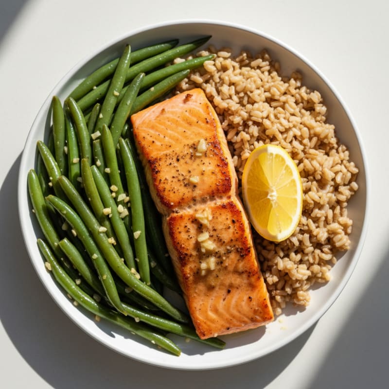 Seared Salmon with Garlic Green Beans and Brown Rice