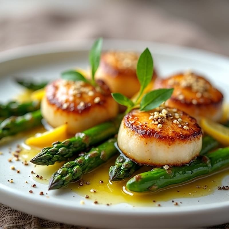 Pan-Seared Scallops with Lemon-Garlic Roasted Asparagus