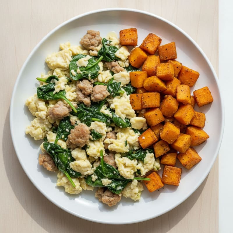 Egg White and Turkey Sausage Scramble with Spinach and Roasted Sweet Potato