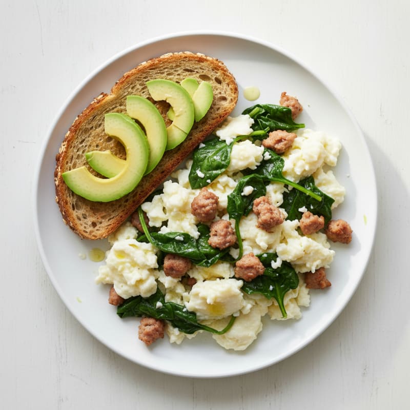 Egg White Scramble with Turkey Sausage and Sautéed Spinach