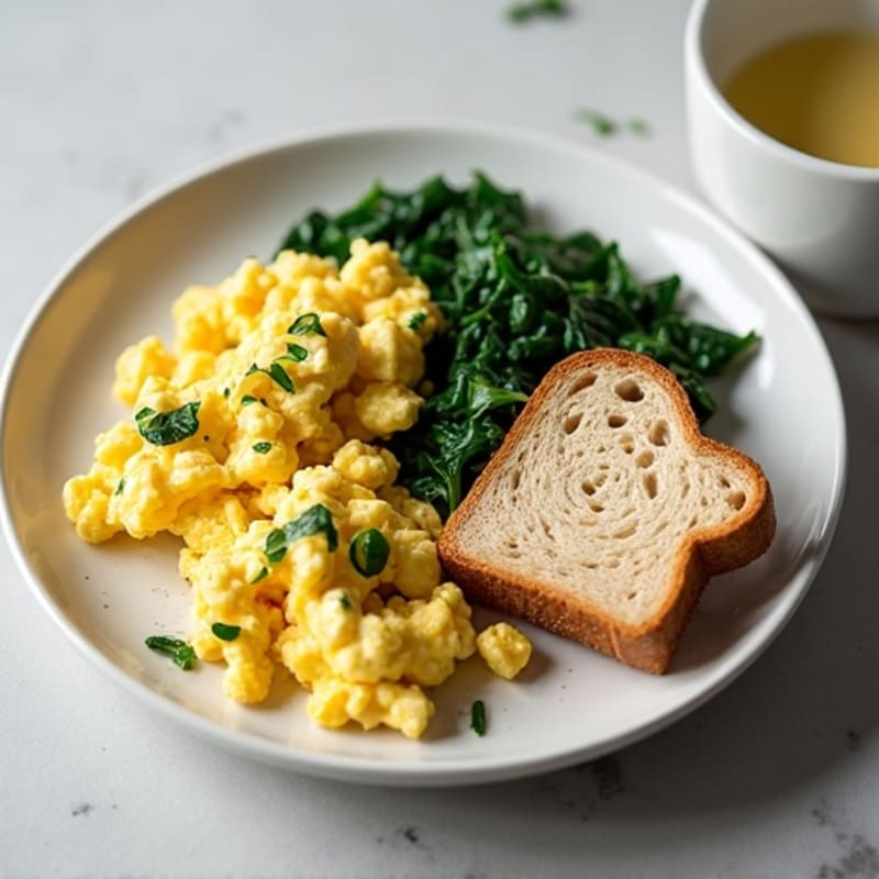 Scrambled Egg Whites with Cottage Cheese, Sautéed Spinach, and Whole Grain Toast