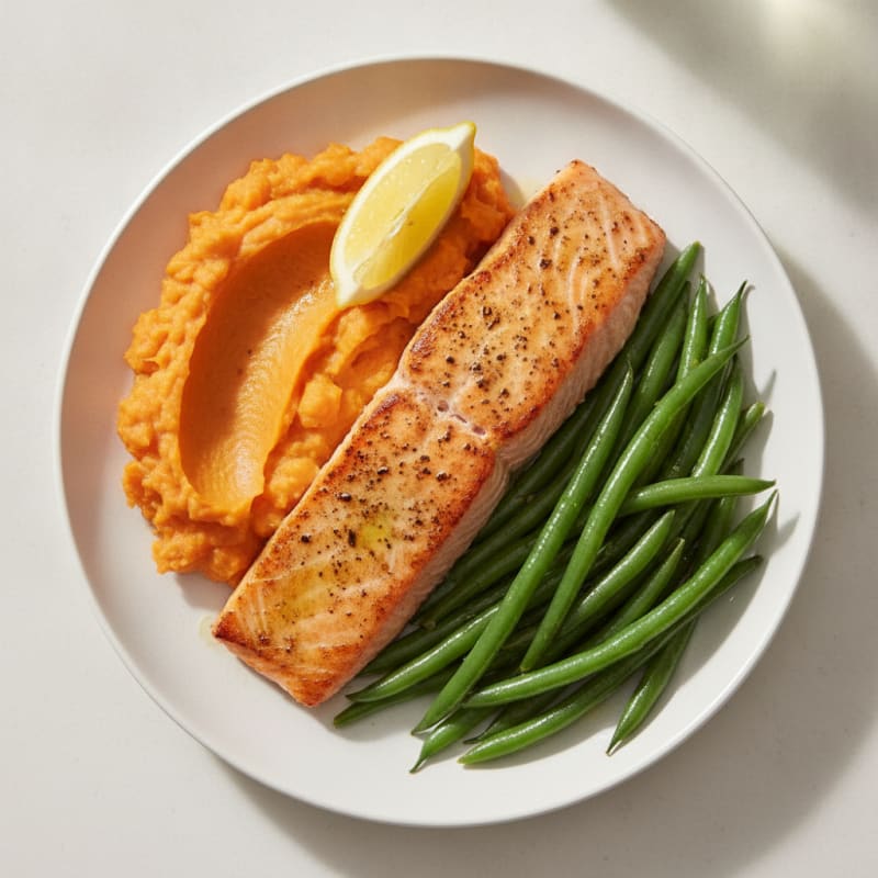 Seared Salmon with Steamed Green Beans and Sweet Potato Mash