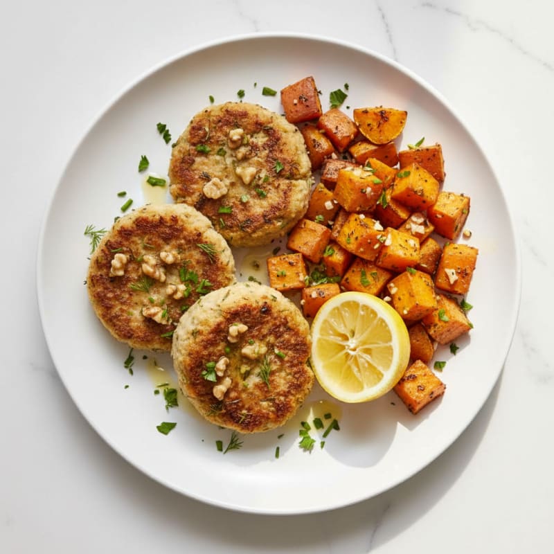White Bean and Walnut Herb Patties with Garlic Roasted Sweet Potatoes