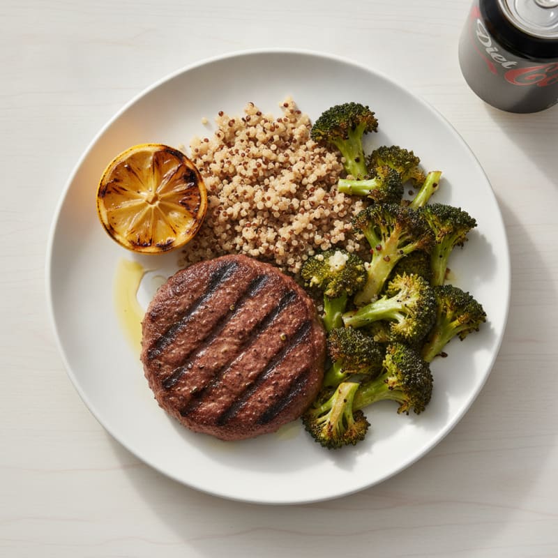 Grilled Hamburger Patty with Roasted Broccoli and Quinoa