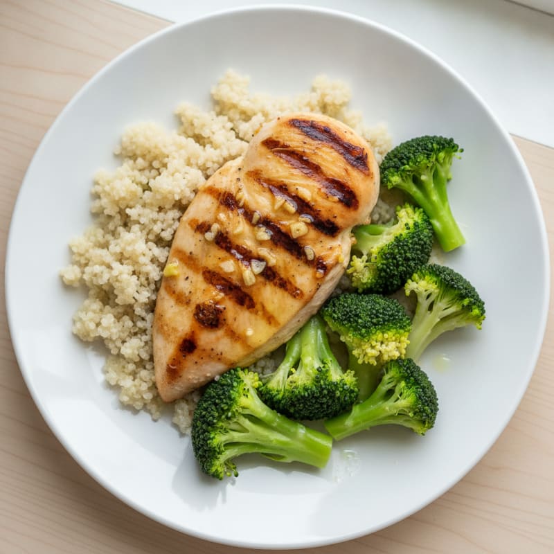 Grilled Chicken Breast with Steamed Broccoli and Quinoa