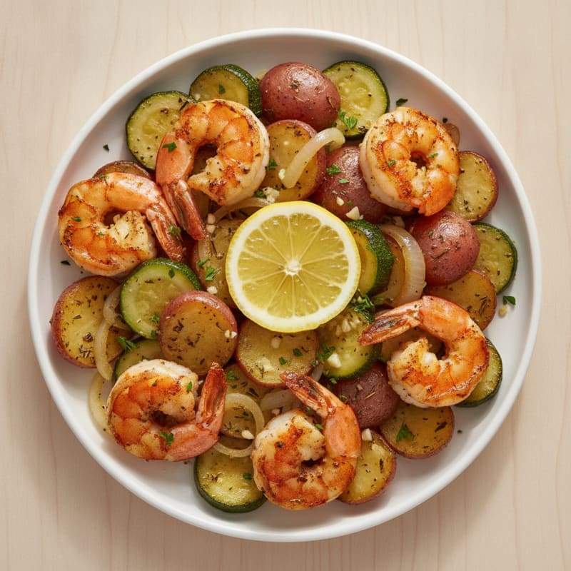 Seared Shrimp with Garlic Zucchini and Herb Potatoes