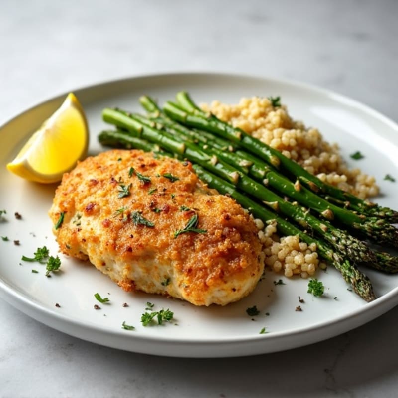 Crispy Lemon-Herb Chicken with Roasted Asparagus and Quinoa